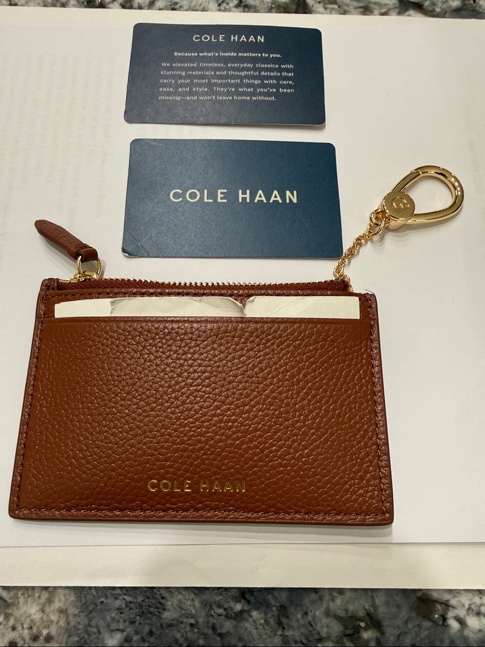 Cole Haan Brown Pebbled Leather Zip Card Case with Gold Keyring